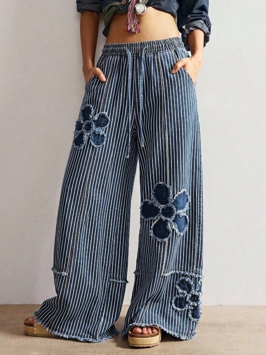 MODA ME COUTURE Pants - Blue And White Casual Women's Woven Denim Polka Dot Loose Wide Leg Long Pants